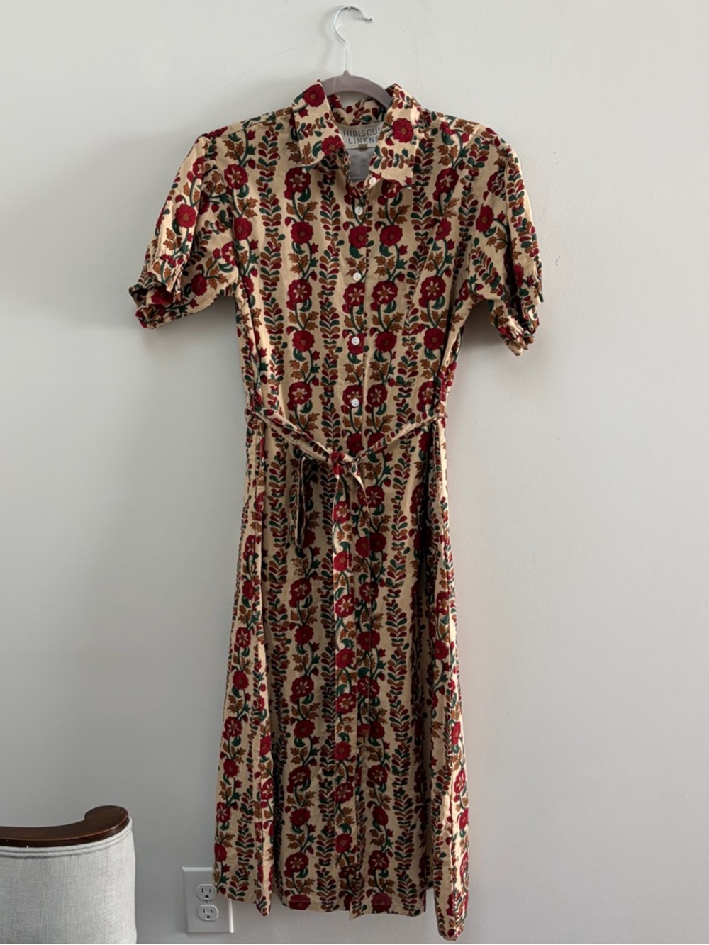 hibiscus linen floral midi with tie waist